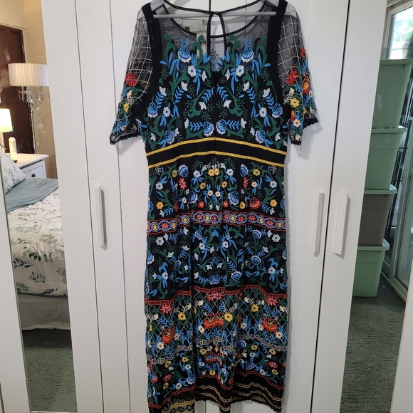 Anthropologie Esther Embroidered Floral Mesh Lace Midi Dress - Picture 14 of 16